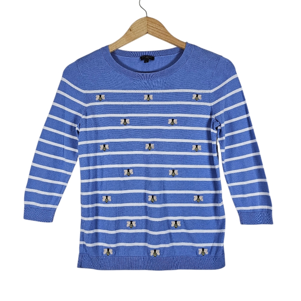 Talbots Petite Bee Embroidered Striped Sweater Blue White Cotton Rayon SP